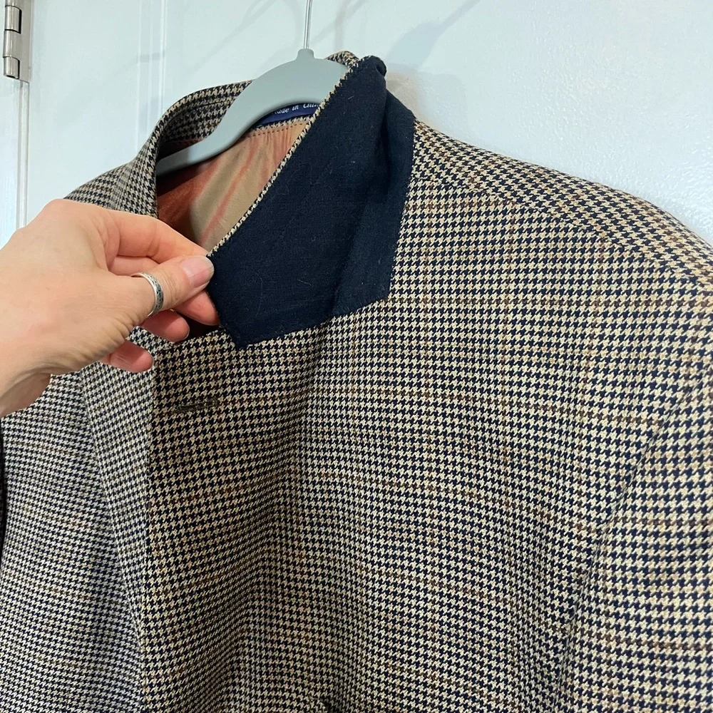 Alan Flusser Worsted Wool Houndstooth Blazer Jacket Sz 46R Tan/ Brown Academia